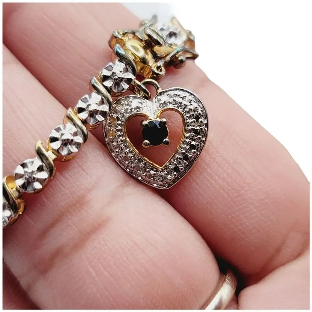 Sterling Silver Gold‎ Vermeil 925 Women’s Tennis Bracelet With Heart Charm 7